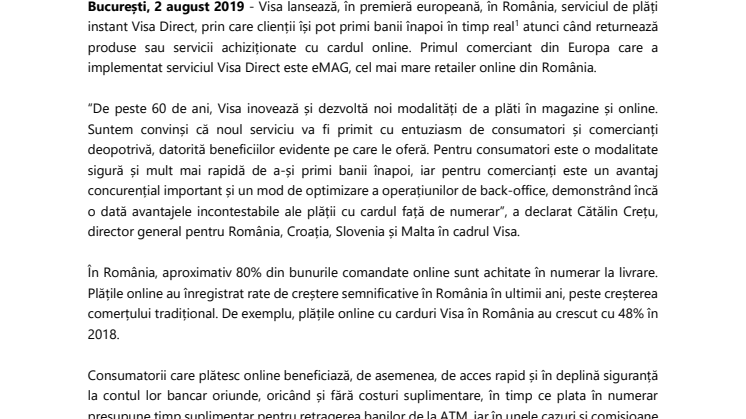 Consumatorii români sunt primii din Europa care beneficiază de plăți în timp real, prin serviciul Visa Direct