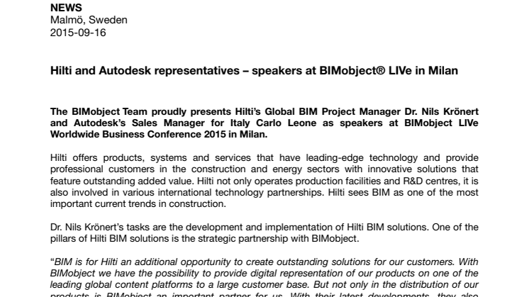 Hilti and Autodesk representatives – speakers at BIMobject® LIVe in Milan