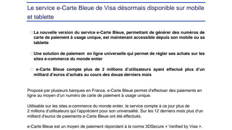 ﻿﻿Le service e-Carte Bleue de Visa désormais disponible sur mobile et tablette