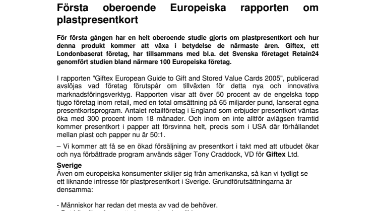 Första oberoende Europeiska rapporten om plastpresentkort