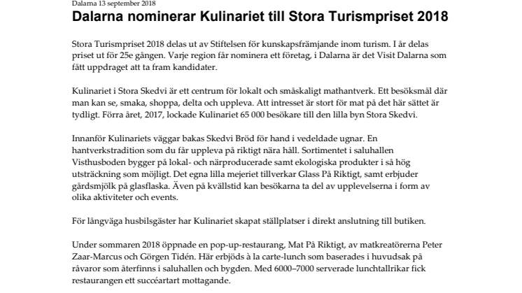 Dalarna nominerar Kulinariet till Stora Turismpriset 2018