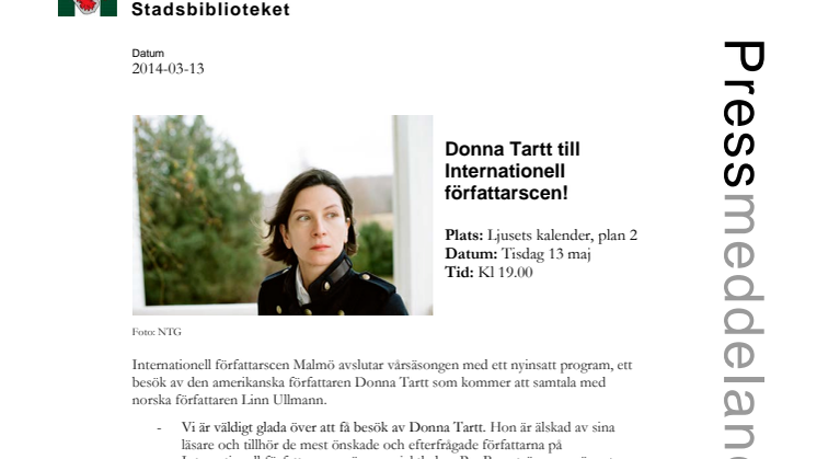 Stadsbiblioteket i Malmö: Donna Tartt till Internationell författarscen! 