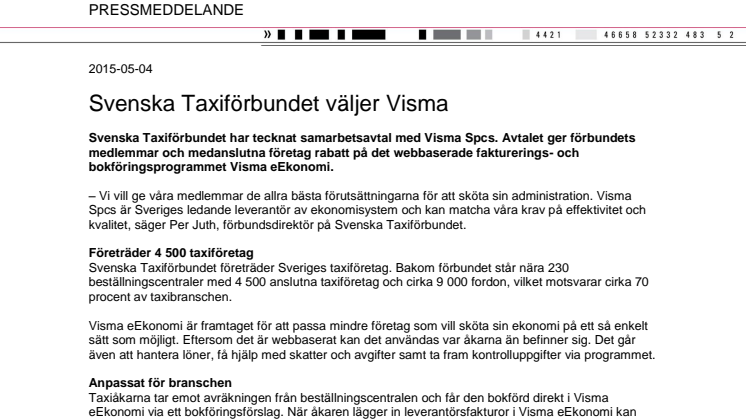 Svenska Taxiförbundet väljer Visma