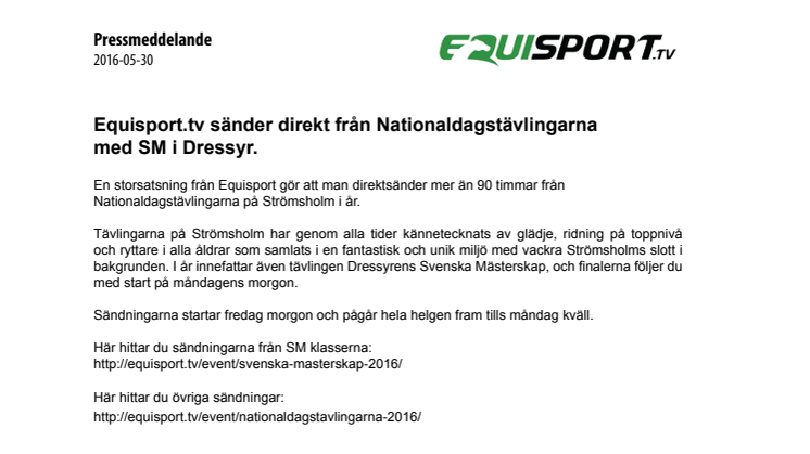 Equisport.tv sänder direkt från Nationaldagstävlingarna med SM i Dressyr.