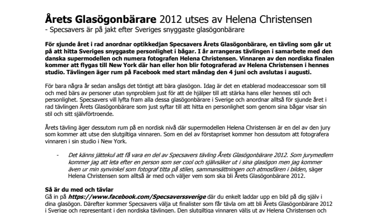 Årets Glasögonbärare 2012 utses av Helena Christensen - Specsavers är på jakt efter Sveriges snyggaste glasögonbärare