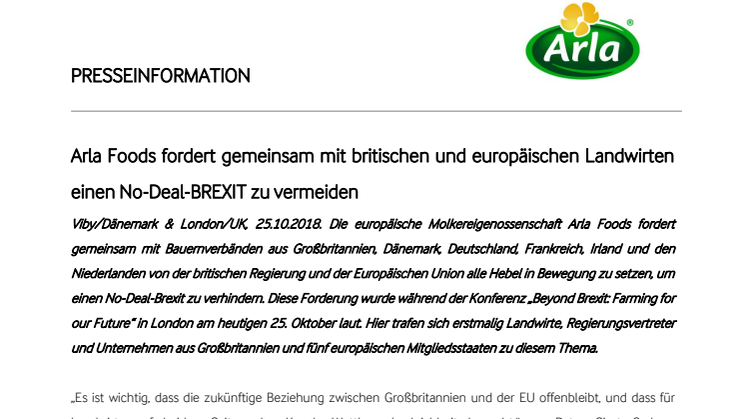Arla Foods fordert gemeinsam mit britischen und europäischen Landwirten einen No-Deal-BREXIT zu vermeiden