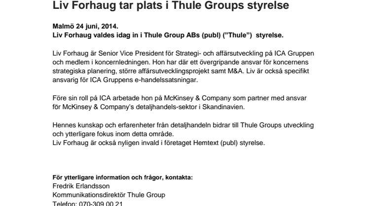 Liv Forhaug tar plats i Thule Groups styrelse
