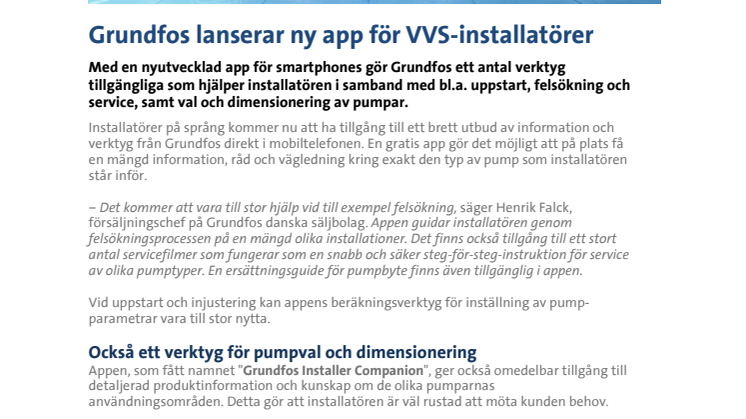 Grundfos lanserar ny app för VVS-installatörer