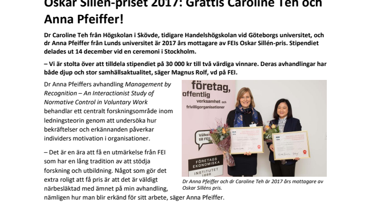 Oskar Sillén-priset 2017: Grattis Caroline Teh och Anna Pfeiffer!