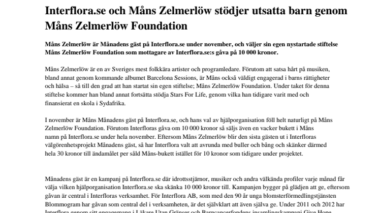 Interflora.se och Måns Zelmerlöw stödjer utsatta barn genom Måns Zelmerlöw Foundation