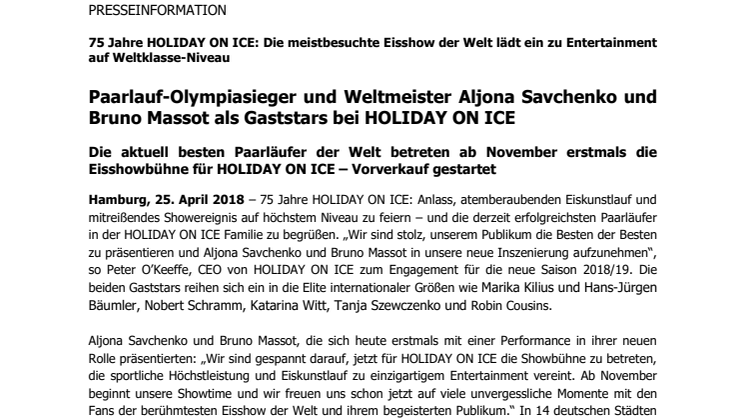 Paarlauf-Olympiasieger und Weltmeister Aljona Savchenko und Bruno Massot als Gaststars bei HOLIDAY ON ICE