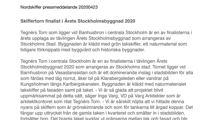 Skiffertorn finalist i Årets Stockholmsbyggnad 2020