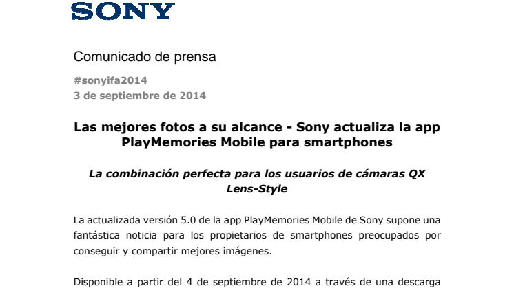 Las mejores fotos a su alcance - Sony actualiza la app PlayMemories Mobile para smartphones
