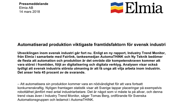 Automatiserad produktion viktigaste framtidsfaktorn för svensk industri