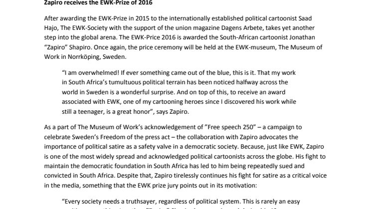 ​Zapiro är 2016 års EWK-prisvinnare