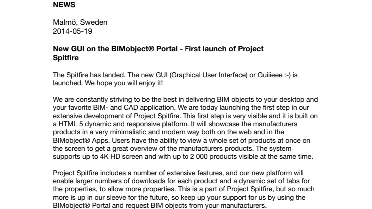 New GUI on the BIMobject® Portal - First launch of Project Spitfire