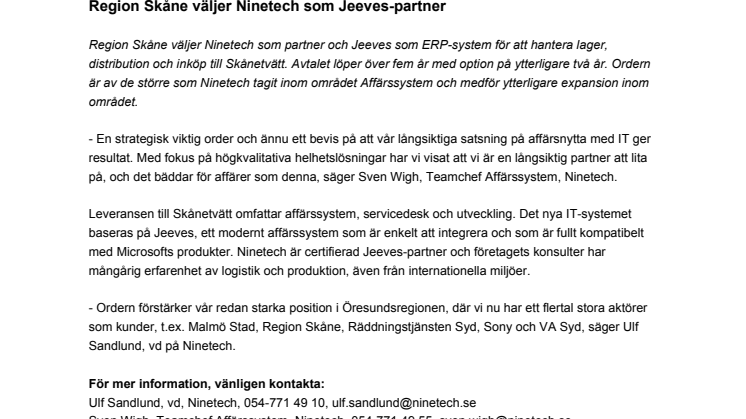 Region Skåne väljer Ninetech som Jeeves-partner