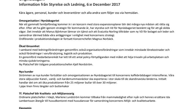 Information från Originalbagarn  från Styrelse och Ledning 6:e December 2017