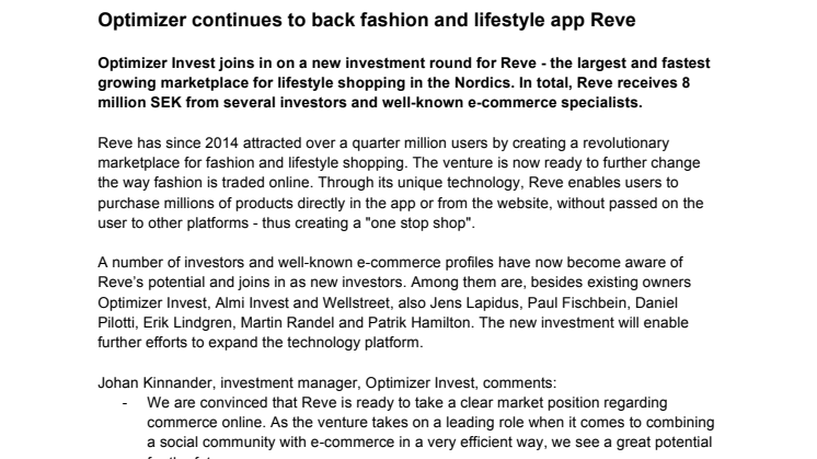 Optimizer continues to back fashion and lifestyle app Reve