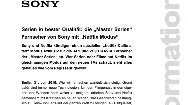 Serien in bester Qualität: die „Master Series“ Fernseher von Sony mit „Netflix Modus“