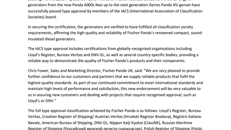 Fischer Panda UK Announces Type Approval for Generator Range