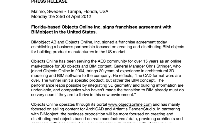 Florida-based Objects Online Inc. signs franchisee agreement with BIMobject in the United States.