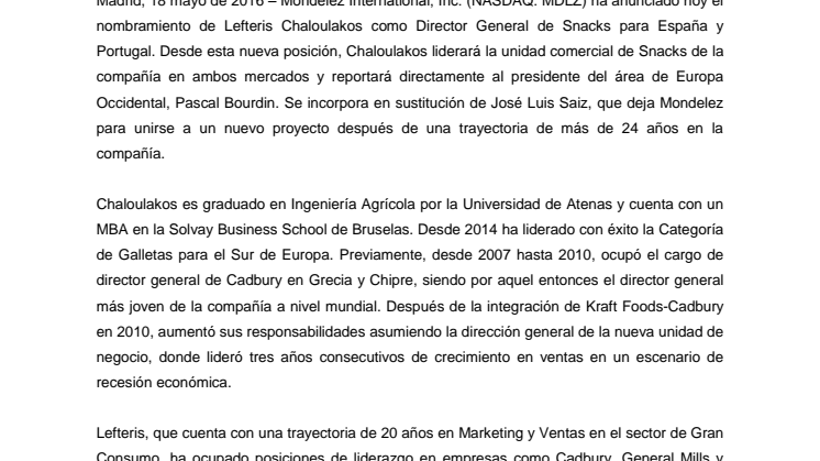 Mondelēz International nombra a Lefteris Chaloulakos director general de Snacks para España y Portugal