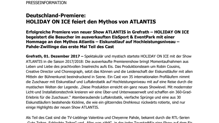 Deutschland-Premiere:  HOLIDAY ON ICE feiert den Mythos von ATLANTIS