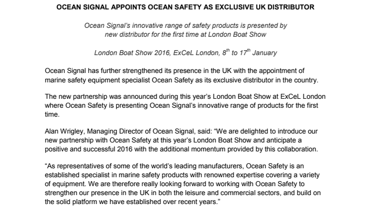 Ocean Signal:  Appoints Ocean Safety As Exclusive UK Distributor
