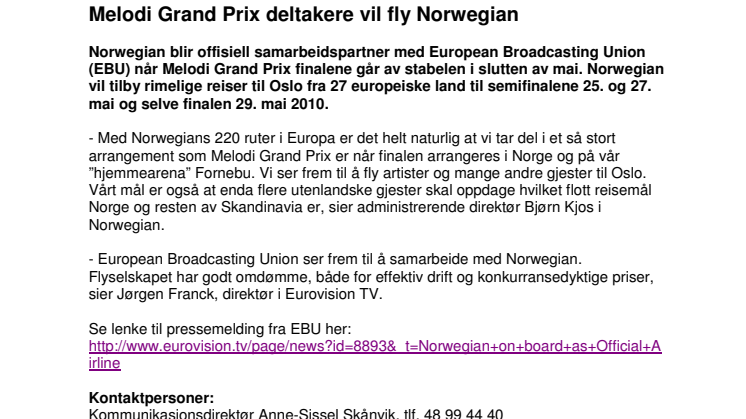 Melodi Grand Prix deltakere vil fly Norwegian 