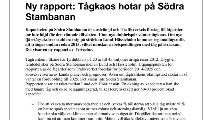 Ny rapport: Tågkaos hotar på Södra Stambanan