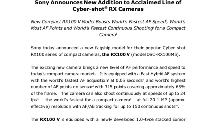 Sony julkistaa uuden tulokkaan ylistettyyn Cyber-shot® RX -kameroiden mallistoon 