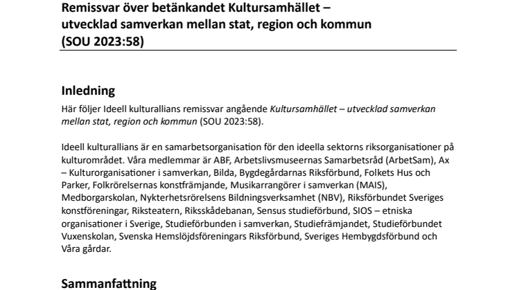 Ideell kulturallians remissvar till Kultursamhället – utvecklad samverkan mellan stat, region och kommun (SOU 2023:58)