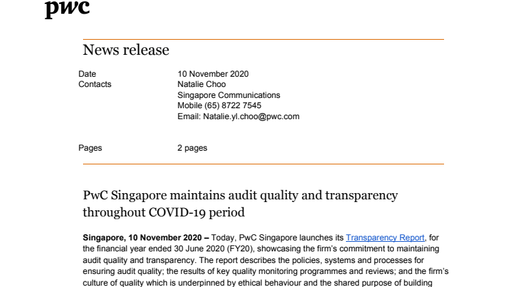 PwC Singapore maintains audit quality and transparency throughout COVID-19 period