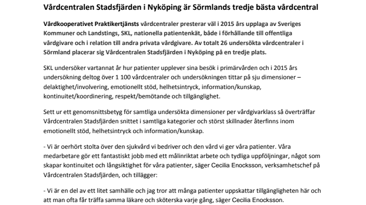 Vårdcentralen Stadsfjärden i Nyköping är Sörmlands tredje bästa vårdcentral