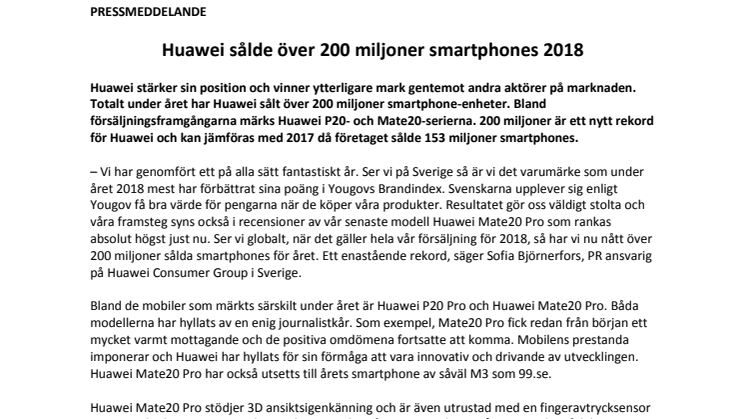 Huawei sålde över 200 miljoner smartphones 2018