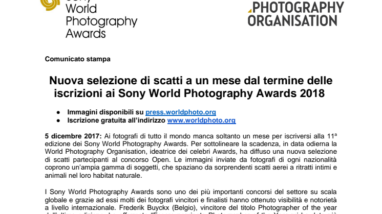 Nuova selezione di scatti a un mese dal termine delle iscrizioni ai Sony World Photography Awards 2018 