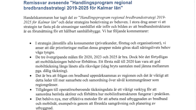 Remissvar avseende "Handlingsprogram regional bredbandsstrategi 2019-2025 för Kalmar län"