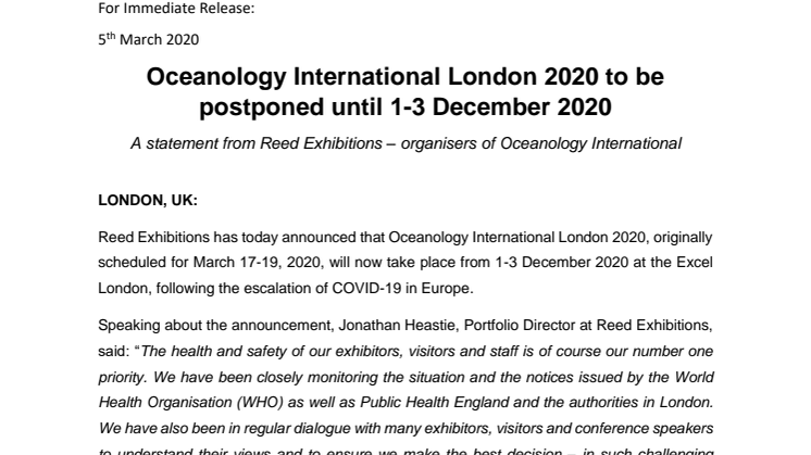 Oceanology International London 2020 to be postponed until 1-3 December 2020 