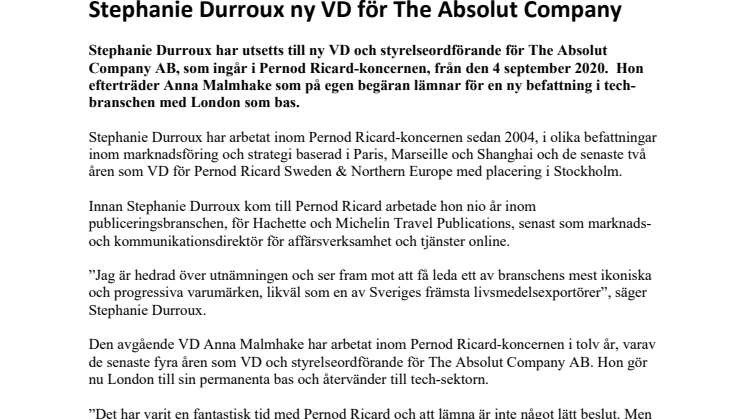 Stephanie Durroux ny VD för The Absolut Company 