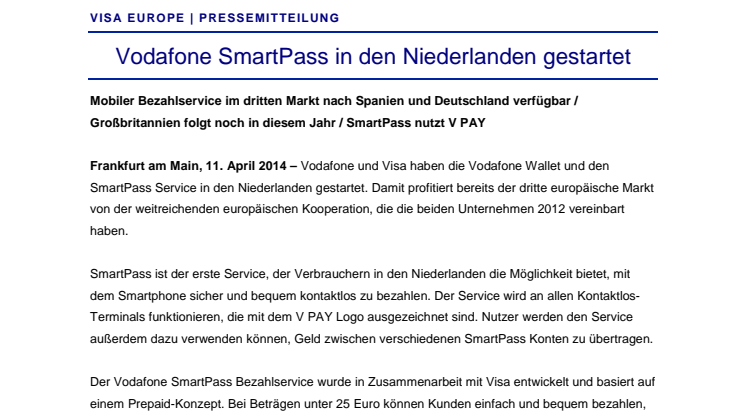 Vodafone SmartPass in den Niederlanden gestartet