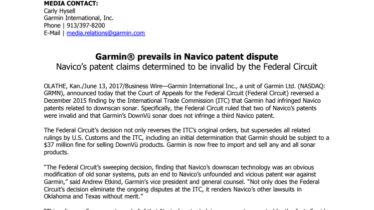 Garmin® prevails in Navico patent dispute
