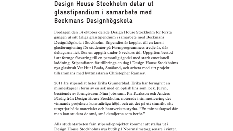 Design House Stockholm delar ut  glasstipendium i samarbete med  Beckmans Designhögskola 