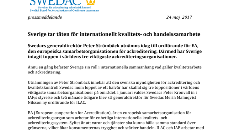 Sverige tar täten för internationellt kvalitets- och handelssamarbete