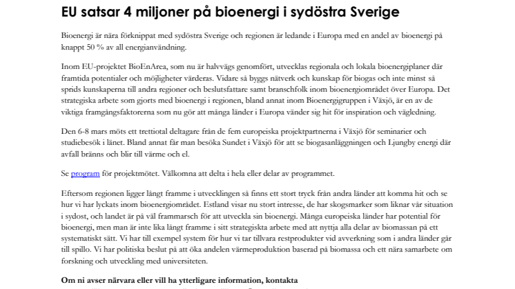 EU satsar 4 miljoner på bioenergi i sydöstra Sverige