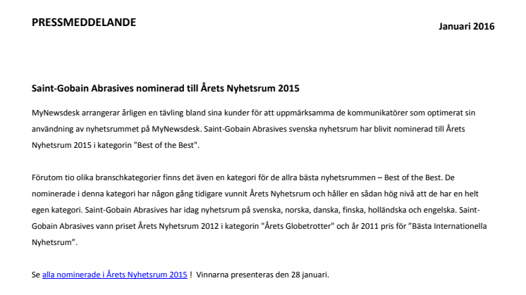 Saint-Gobain Abrasives nominerad till Årets Nyhetsrum 2015
