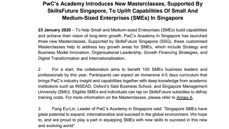 PwC’s Academy Introduces New Masterclasses, Supported By SkillsFuture Singapore, To Uplift Capabilities Of Small And Medium-Sized Enterprises (SMEs) In Singapore