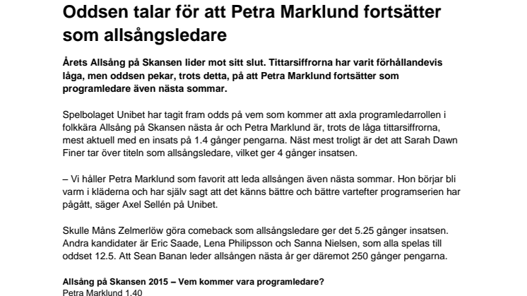 Oddsen talar för att Petra Marklund fortsätter som allsångsledare 