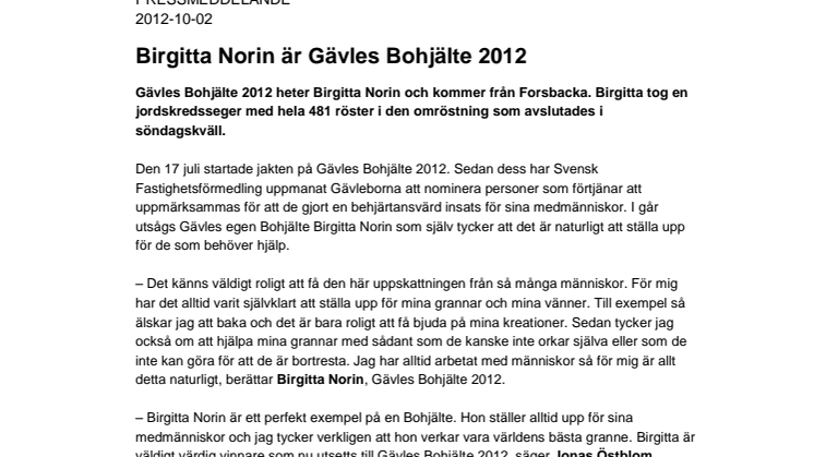 Birgitta Norin är Gävles Bohjälte 2012