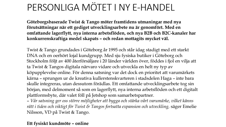 TWIST & TANGO DIGITALISERAR DET PERSONLIGA MÖTET I NY E-HANDEL